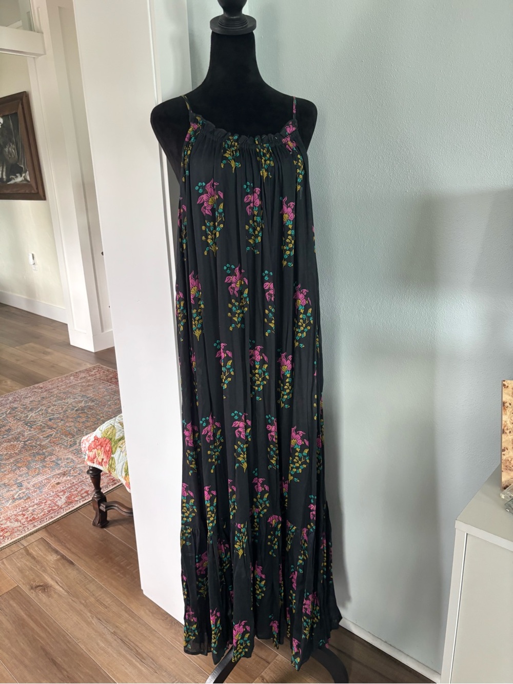 Women's flouncy grey Floral Maxi Dress with Pink Accents small Anthropologie